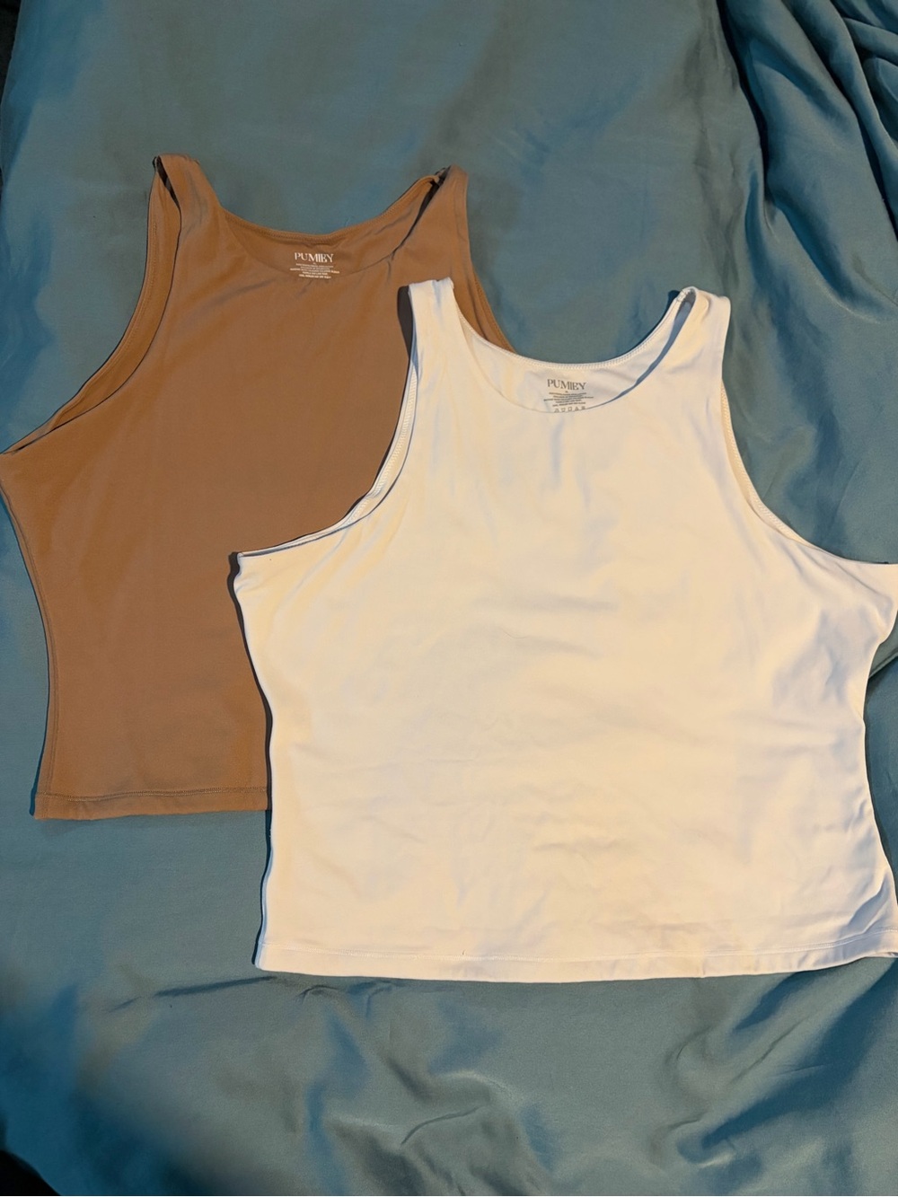 Set of Two Stretchy Cropped Tank Tops in White and Camel / Nude